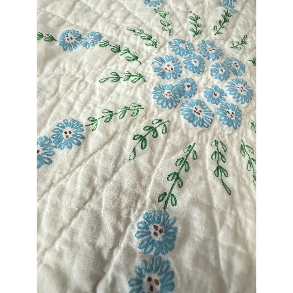 Cutter Quilt Blue Floral Painted Design Hand Quilted Vintage Crafts Fabric 75x92